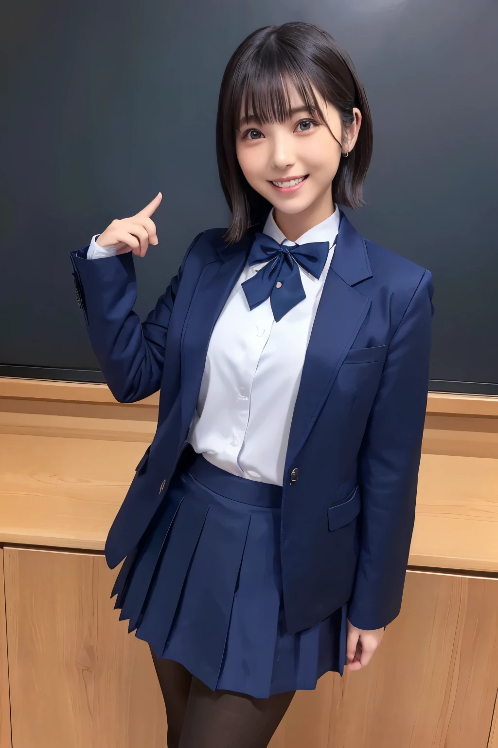 highest image quality taken by Ki、HDR、(( navy blue jacket ))、((Long tight skirt that hides the knee in plain navy blue ))、White blouse、((navy blue plain large bow tie))、((( Black Pantyhose )))、(( black loafers))、((Standing figure up to the knee ))、 cute high school girl 、Height: 160cm、 smile like an idol、 smiling and smiling、 professional writing、((Inside a Japanese high school classroom))、(( highest image quality taken by Ki)),((Beautiful double eyelids ))、( long lashes)、((( The blazer and skirt are the same dark blue color and the material is the same)))、(( dark brown shiny hair ))、((Model Face Change ))、(( Ribbon Design Change))、((No handkerchief))、 very short hair、G-Cup、(( best smile ))、As cute as a popular idol、((The jacket and skirt are the same color))、(( Frontal Angle))、((Minamihamabe))
