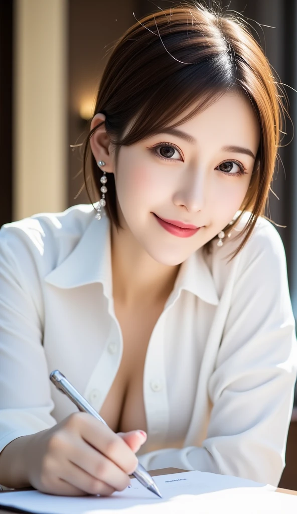 Loose chest、 lean forward slightly :1.5、 The pink bra is slightly visible on her chest:1.2、 writing documents on the table 、(( taken from an oblique top of the model :2.0))、((Picture looking down at the model :2.0))、 wearing a white shirt 、12Ｋ、ＨＤＲ、 bits deep 10 bits 、( realistic) , (photo  realistic :1.4), masterpiece,  is very delicate and beautiful ,  very detailed,(  light brown hair )、A woman who exudes adult appeal  、 clear white skin  、 earrings for women with first name、Hair tied up、Downward facing face、The model is looking at the documents :1.0、 have a pen 、Chest up photo :1.2、