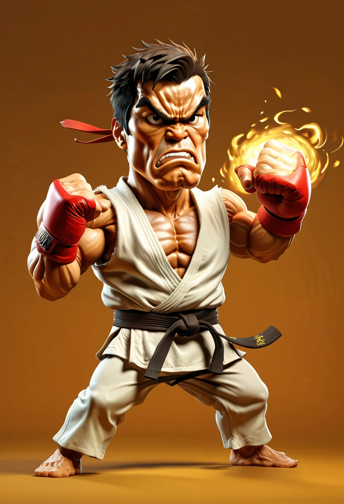 a full-body cartoon caricature of Ryu in dynamic fight pose , portrait, ((exaggerated features:1.6)) with a large nose and big eyes, realistic, detailed, glowing golden lighting, 4K.