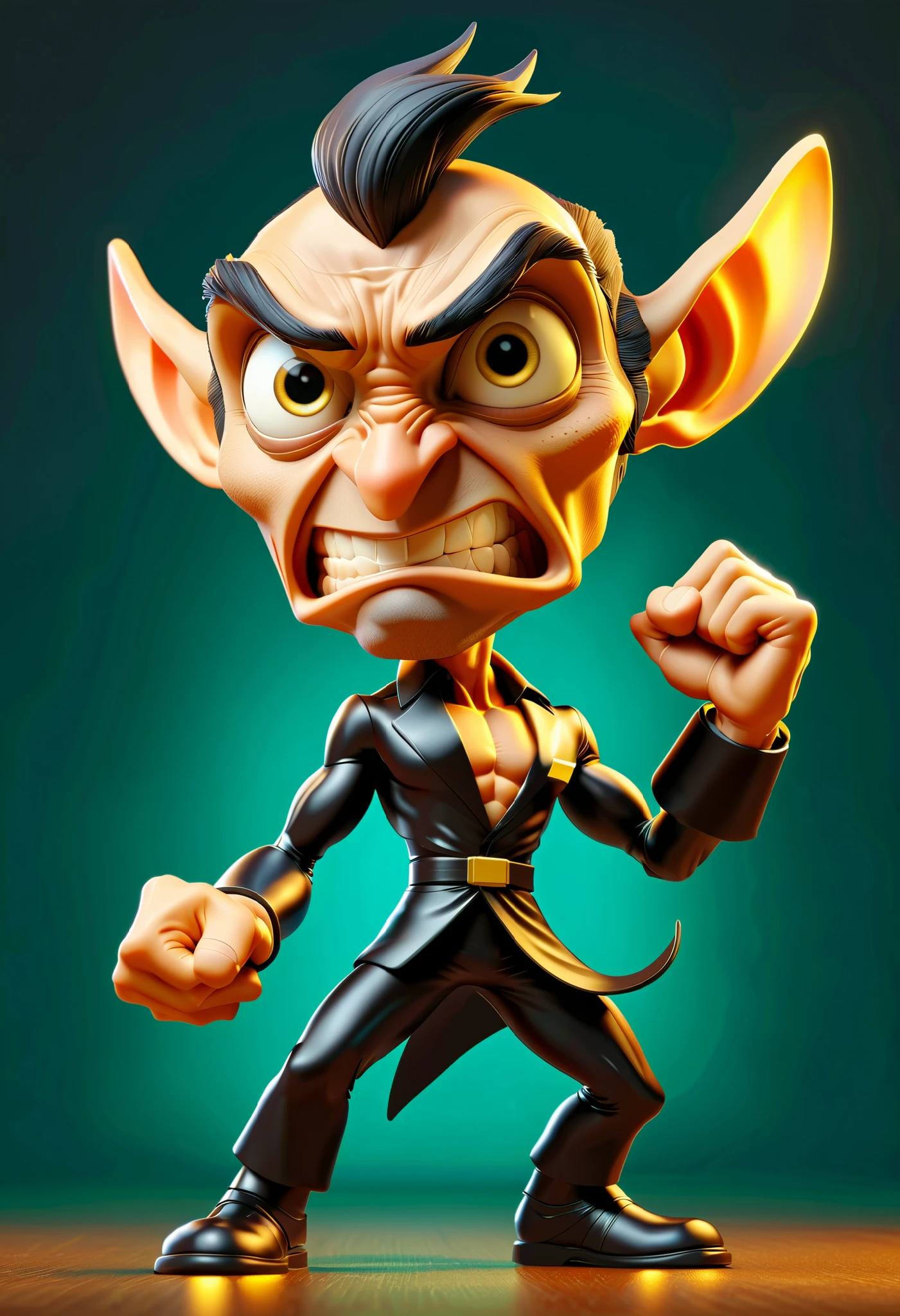 a full-body cartoon caricature of Neo from The Me in dynamic fight pose , portrait, ((exaggerated features:1.6)) with a large nose and big eyes, realistic, detailed, glowing golden lighting, 4K.