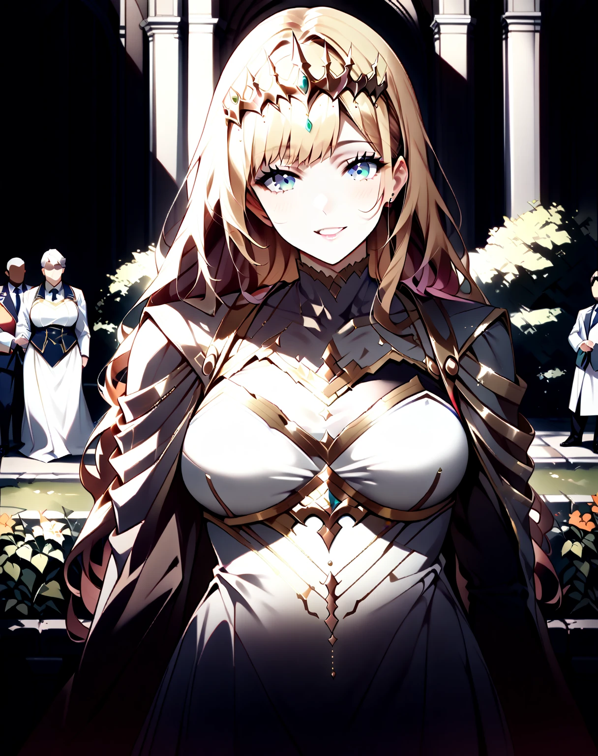 {{ upper body,  Dutch angle }} {{ Artist : moisture_(Chichi)}} 1 female,  there are 2 security guards on each side holding her, 2 men in armor ,  mature woman,  elegant ,  princess,  medium breasts,  straight hair , Blonde,  long hair, hime cut,  green eyes, white dress,  gold trim ,  tiara ,  watching viewers,  grin ,  detained by 2 men ,  Faceless Man , Outdoor, garden, palace, 