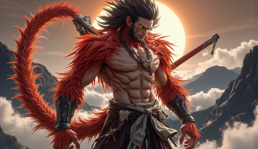 realistic, young handsome man, Dazzling Warrior,  Attractive character ,  inspired by the design of Super Sayajin 4,  inspired by Dragon Ball z , hairy fair-skinned man , half animal, HAIRLESS FACE, no beard,  no hair on the face,  ordinary human face , red coat on the body,  lightly tanned skin, shirtless, without shirt,  without clothes on top of his body, muscular, shape em V,  shoulder-length hair,  wavy black hair ,  lots of red hair on the body,  lots of hair on the arms ,  dark spiked hair , voluminous hair, hairy red tail , red tail, monkey tail,  normal human hands ,  bright yellow eyes , realistic, detailed, large and strong chest,  red staff hanging from the back,  staff tied around the back ,  oriental style pants with metal and gold parts,  black wristbands ,  cloth band around the waist, cloth wristband , dynamic pose, voando entre as clouds, stepping on clouds ,  feet away from the ground , Without touching the ground . mountain background, clouds, wind, trees, orange sun