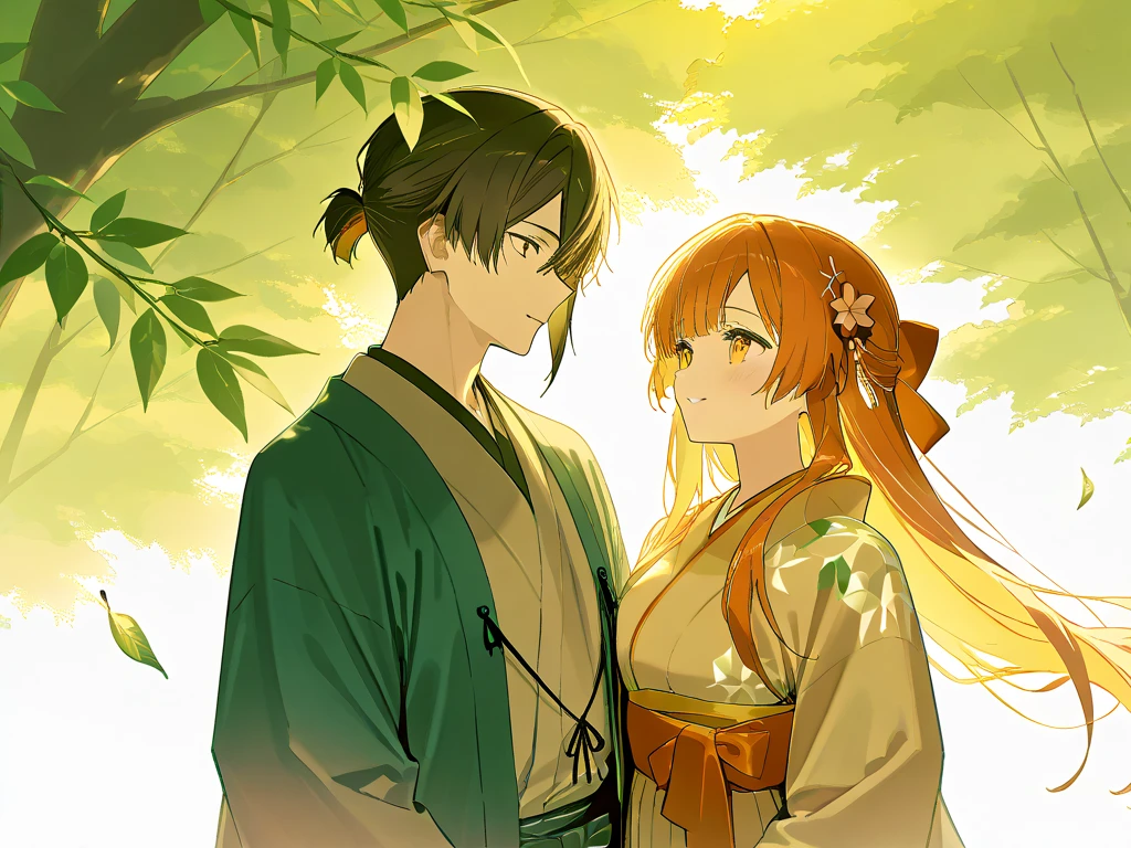 Japanese people in blond kimono 　 The background is under a summer apple tree 　 leaves dancing in the wind and the sunset is shining　The light is weak and 　 anime-like cute from the front 