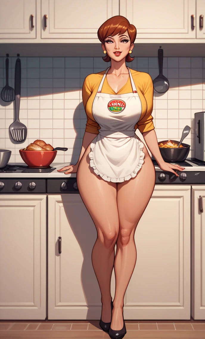 dexter's_Mom, a girl, Alone, High resolution, big breasts, big hips , full body, Waifus, looking at the spectator, Cartoon sexy , hot, ecchi, open neck , kitchen, apron, white