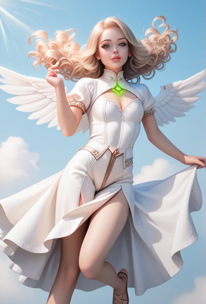  Girl, green glowing eyes, blonde curly long hair, small breasts, cleavage,angelic renaissance outfit, smooth light pink lips stick, clothing cutout, highleg, cleavage cutout, 6 white wings, all white outfit, heaven background, floating, little, short, High Resolution, Detail, High Details, HD,Textured Skin, The scene is highly detailed and realistic, rendered in ultra-high quality (8k, RAW photo realism). The focus should be on her angelic innocence and the divine setting, capturing a sense of purity, elegance, and wonder. The composition is a full-body image, showing her floating gracefully in the heavenly scene. Emphasize elaborate detailing, vivid colors