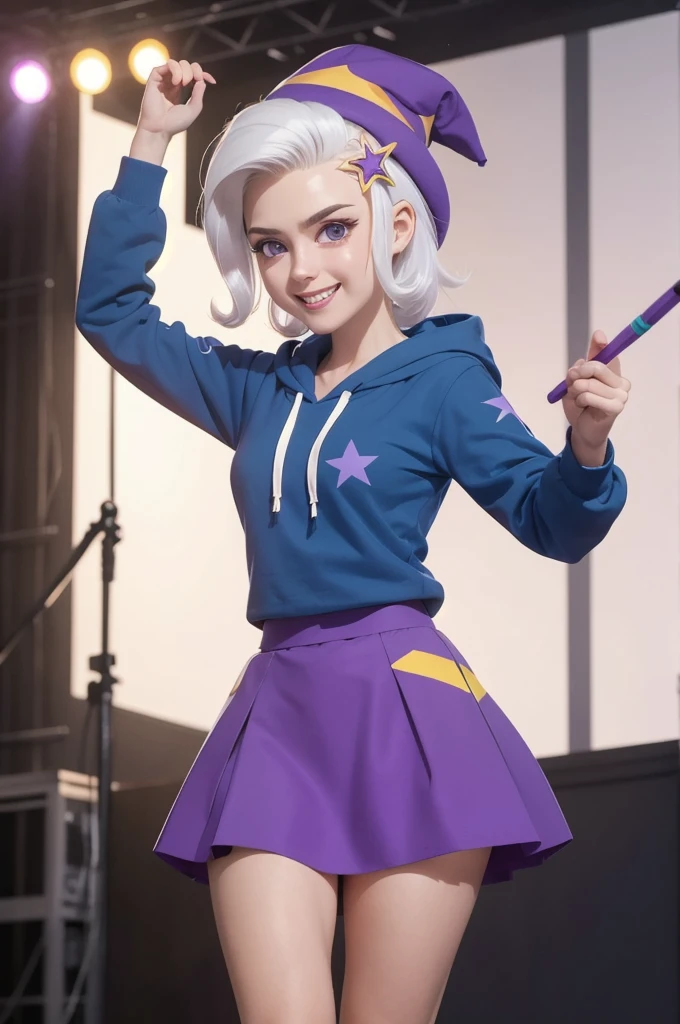 mlptrixie, white hair, wizard hat, purple eyes, colored skin, blue skin, star hair ornament, blue hoodie, purple skirt, looking at viewer, serious, grin, medium shot, action pose, holding a wand, on stage, bright lighting, high quality, masterpiece, 