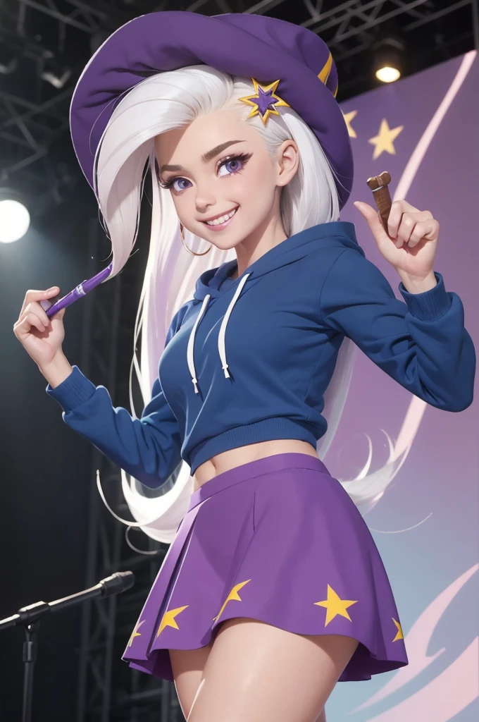 mlptrixie, white hair, wizard hat, purple eyes, colored skin, blue skin, star hair ornament, blue hoodie, purple skirt, looking at viewer, serious, grin, medium shot, action pose, holding a wand, on stage, bright lighting, high quality, masterpiece, 