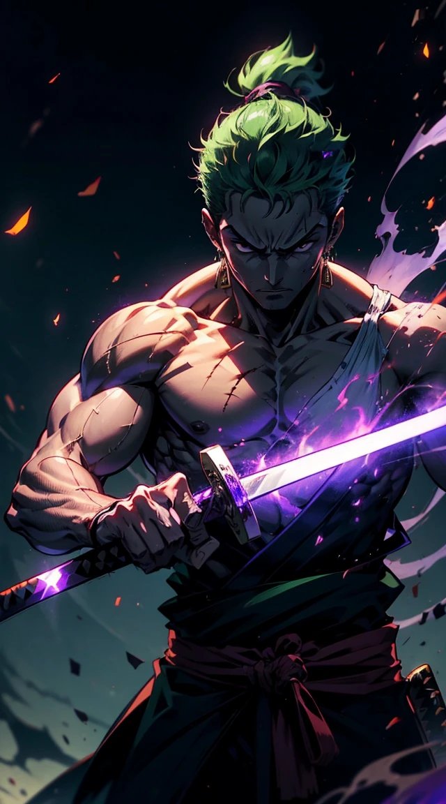 (best quality, highres:1.2, ultra-detailed, realistic:1.37), anime-style portrait of Roronoa Zoro from One Piece, standing with intense focus as **purple flame Haki-energy radiates from his katana. Zoro’s expression is fierce, with a detailed scar over his left eye, wild green hair, and a muscular build emphasized by dynamic lighting. He bites a katana hilt angled right, while two swords rest sheathed at his waist. Vivid purple Haki flames swirl energetically around the blade, creating a dynamic, cinematic effect. A serene Japanese landscape contrasts with the power of his Haki aura. Rendered in the style of Wit Studio