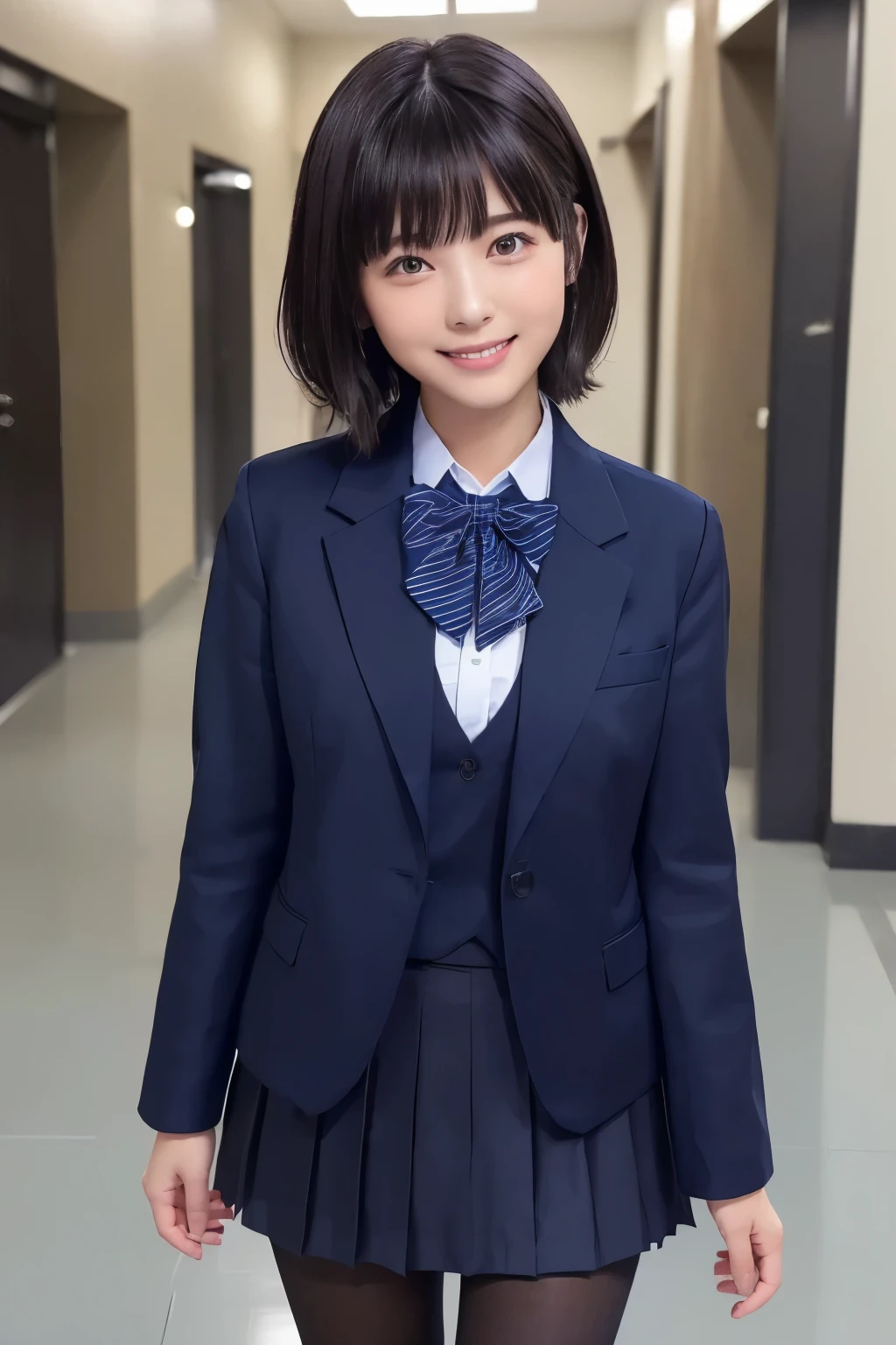 highest image quality taken by Ki、HDR、(( navy blue jacket ))、((Long tight skirt that hides the knee in plain navy blue ))、White blouse、((navy blue plain large bow tie))、((( Black Pantyhose )))、(( black loafers))、((Standing figure up to the knee ))、 cute high school girl 、Height: 160cm、 smile like an idol、 smiling and smiling、 professional writing、((Japanese high school hallway))、(( highest image quality taken by Ki)),((Beautiful double eyelids ))、( long lashes)、((( The blazer and skirt are the same dark blue color and the material is the same)))、(( dark brown shiny hair ))、((Model Face Change ))、(( Ribbon Design Change))、((No handkerchief))、 very short hair、G-Cup、(( best smile ))、As cute as a popular idol、((The jacket and skirt are the same color))、(( Frontal Angle))、((Minamihamabe))