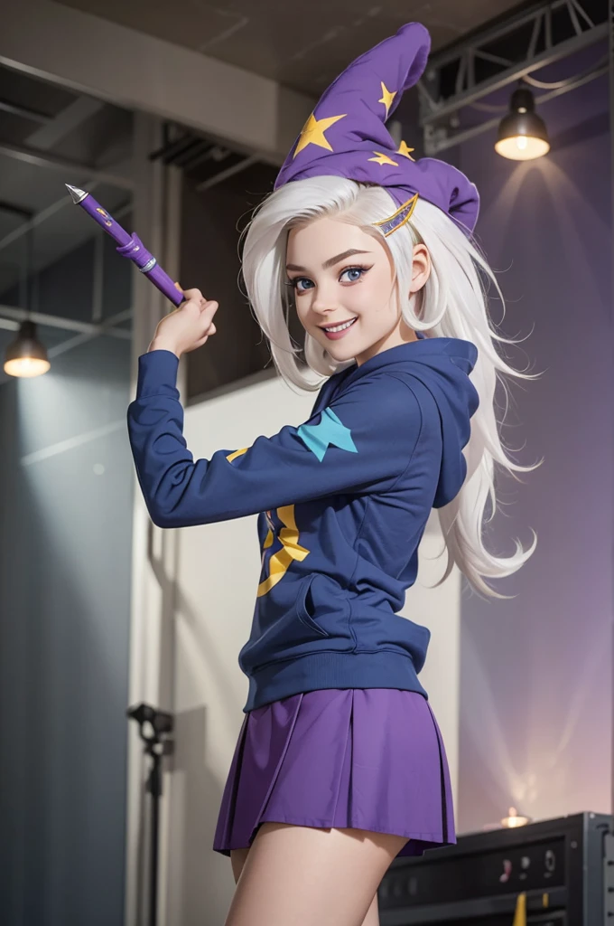 mlptrixie, white hair, wizard hat, purple eyes, colored skin, blue skin, star hair ornament, blue hoodie, purple skirt, looking at viewer, serious, grin, medium shot, action pose, holding a wand, on stage, bright lighting, high quality, masterpiece, 