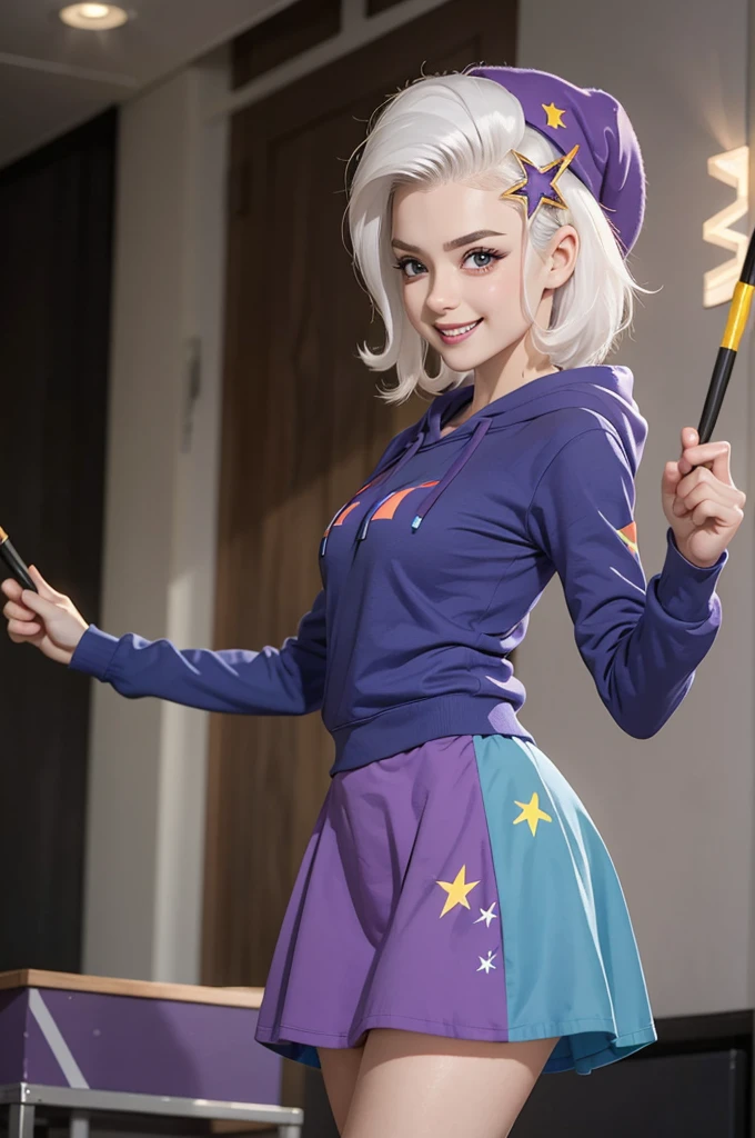 mlptrixie, white hair, wizard hat, purple eyes, colored skin, blue skin, star hair ornament, blue hoodie, purple skirt, looking at viewer, serious, grin, medium shot, action pose, holding a wand, on stage, bright lighting, high quality, masterpiece, 