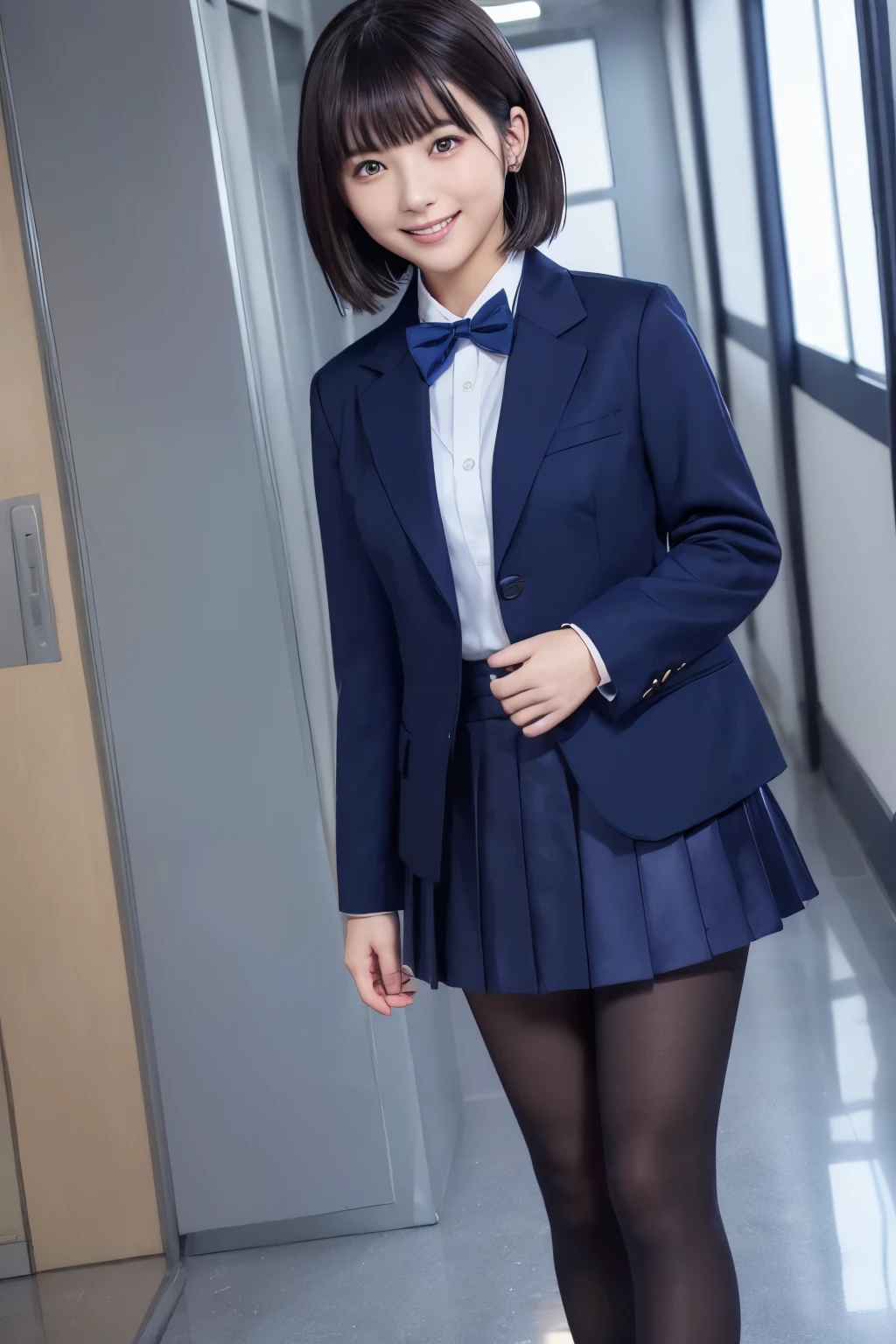 highest image quality taken by Ki、HDR、(( navy blue jacket ))、((Long tight skirt that hides the knee in plain navy blue ))、White blouse、((navy blue plain large bow tie))、((( Black Pantyhose )))、(( black loafers))、((Standing figure up to the knee ))、 cute high school girl 、Height: 160cm、 smile like an idol、 smiling and smiling、 professional writing、((Japanese high school hallway))、(( highest image quality taken by Ki)),((Beautiful double eyelids ))、( long lashes)、((( The blazer and skirt are the same dark blue color and the material is the same)))、(( dark brown shiny hair ))、((Model Face Change ))、(( Ribbon Design Change))、((No handkerchief))、 very short hair、G-Cup、(( best smile ))、As cute as a popular idol、((The jacket and skirt are the same color))、(( Frontal Angle))、((Minamihamabe))