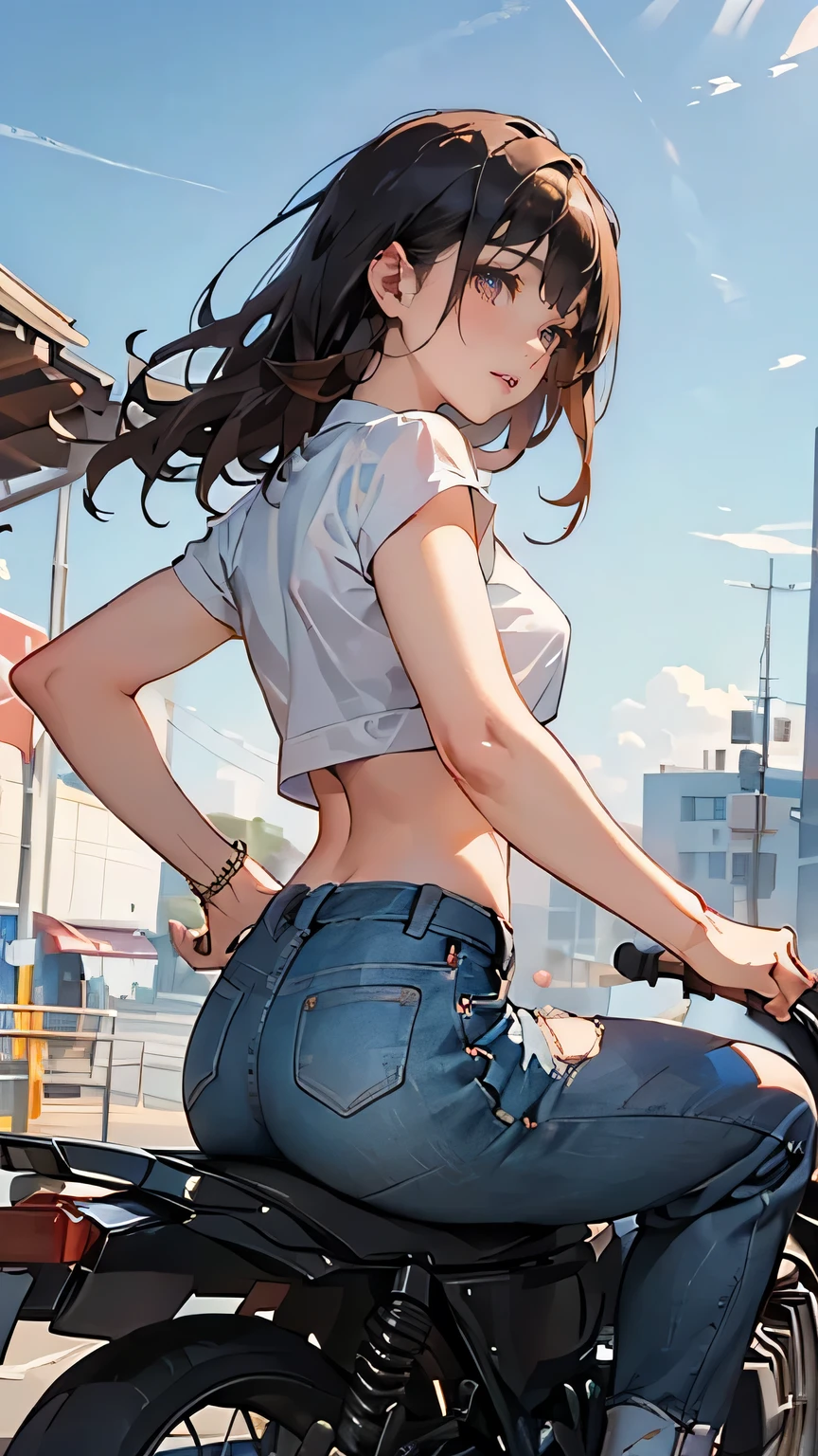 ( master part ), top quality , expressive eyes , High range, Lost Perfeit , 1 girl, Alone, mscrgto, portrait, I'm riding and watching the audience, Landscape Background, is standing, teeth, From the back