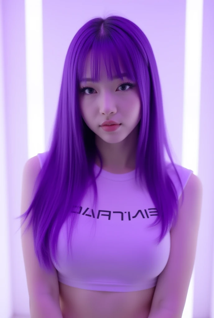 of course!  has a light sheen that enhances bright colors : Future-like atmosphere. like a Korean woman,  to the waist 、like々 Her long hair is straight, purple, and has soft characteristics that convey .  stylish letters ,  down to the front 、 beauty . she、 large , white, Phrases "DWGB"  has a futuristic vibe A young Korean woman ,  with a perfectly symmetrical face and . The background is a clean white,  may work well in a variety of situations ,  It's illuminated by a soft purple light that envelops the scene {x} gives the look a futuristic elegant touch. thicc goth gf, thick gothic girl 

This description is 、 is wearing a sleeveless shirt printed on it .!

