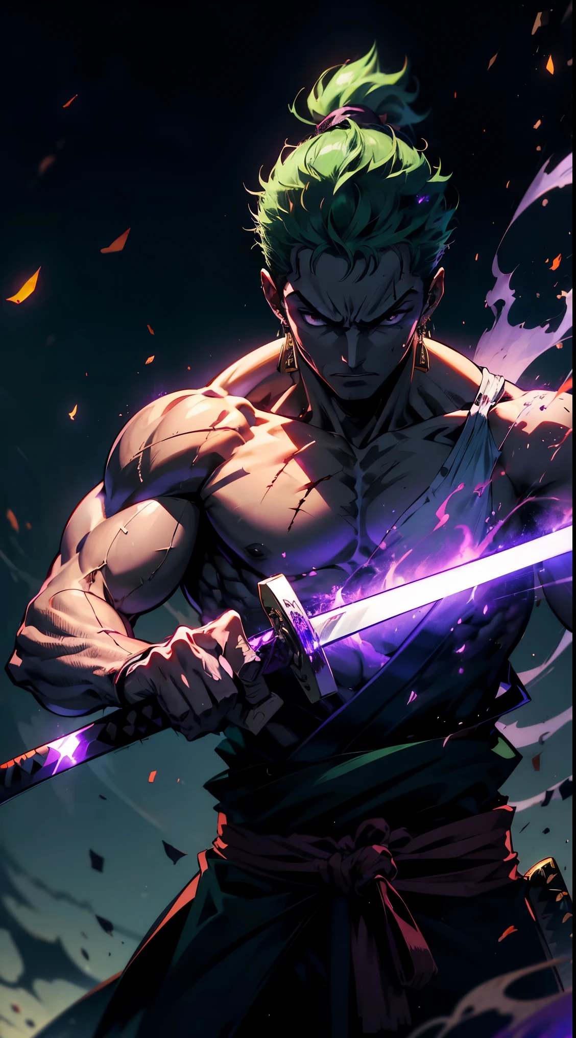 (best quality, highres:1.2, ultra-detailed, realistic:1.37), anime-style portrait of Roronoa Zoro from One Piece, standing with intense focus as **purple flame Haki-energy radiates from his katana. Zoro’s expression is fierce, with a detailed scar over his left eye, wild green hair, and a muscular build emphasized by dynamic lighting. He bites a katana hilt angled right, while two swords rest sheathed at his waist. Vivid purple Haki flames swirl energetically around the blade, creating a dynamic, cinematic effect. A serene Japanese landscape contrasts with the power of his Haki aura. Rendered in the style of Wit Studio