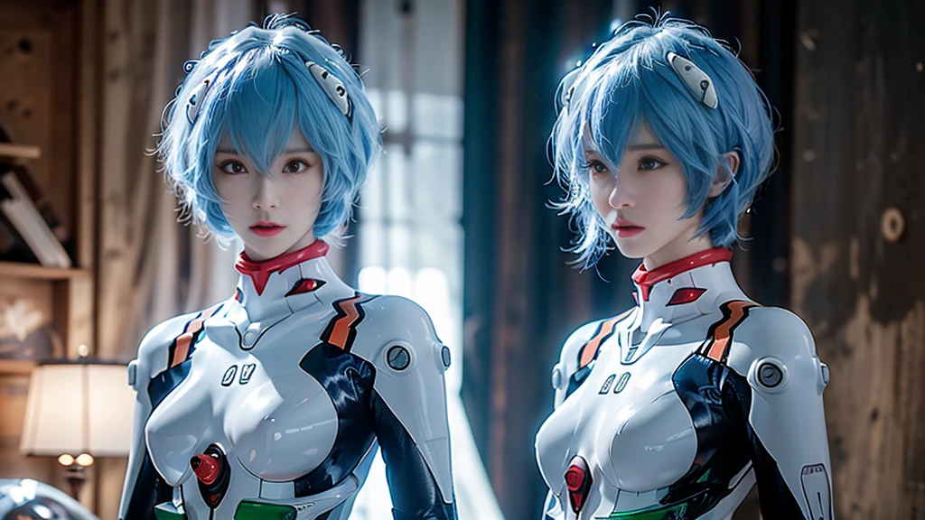 (8k, RAW photo, highest quality, refined details, masterpiece: 1.2), (high-resolution 8K wallpaper), sharp focus, professional lighting, depth of field, cinematic lighting, blurred background, Evangelion Rei Ayanami, a Japanese woman with blue hair, red eyes, wearing a white plug suit. She stands out with a cool appearance, futuristic background, and realistic style. The character is facing the viewer directly, creating a striking and engaging gaze. Quiet, sci-fi atmosphere, full-body, dynamic 16:9 aspect ratio, perfect composition, cinematic framing, detailed plug suit, glowing accents, smooth transitions between focus and background.