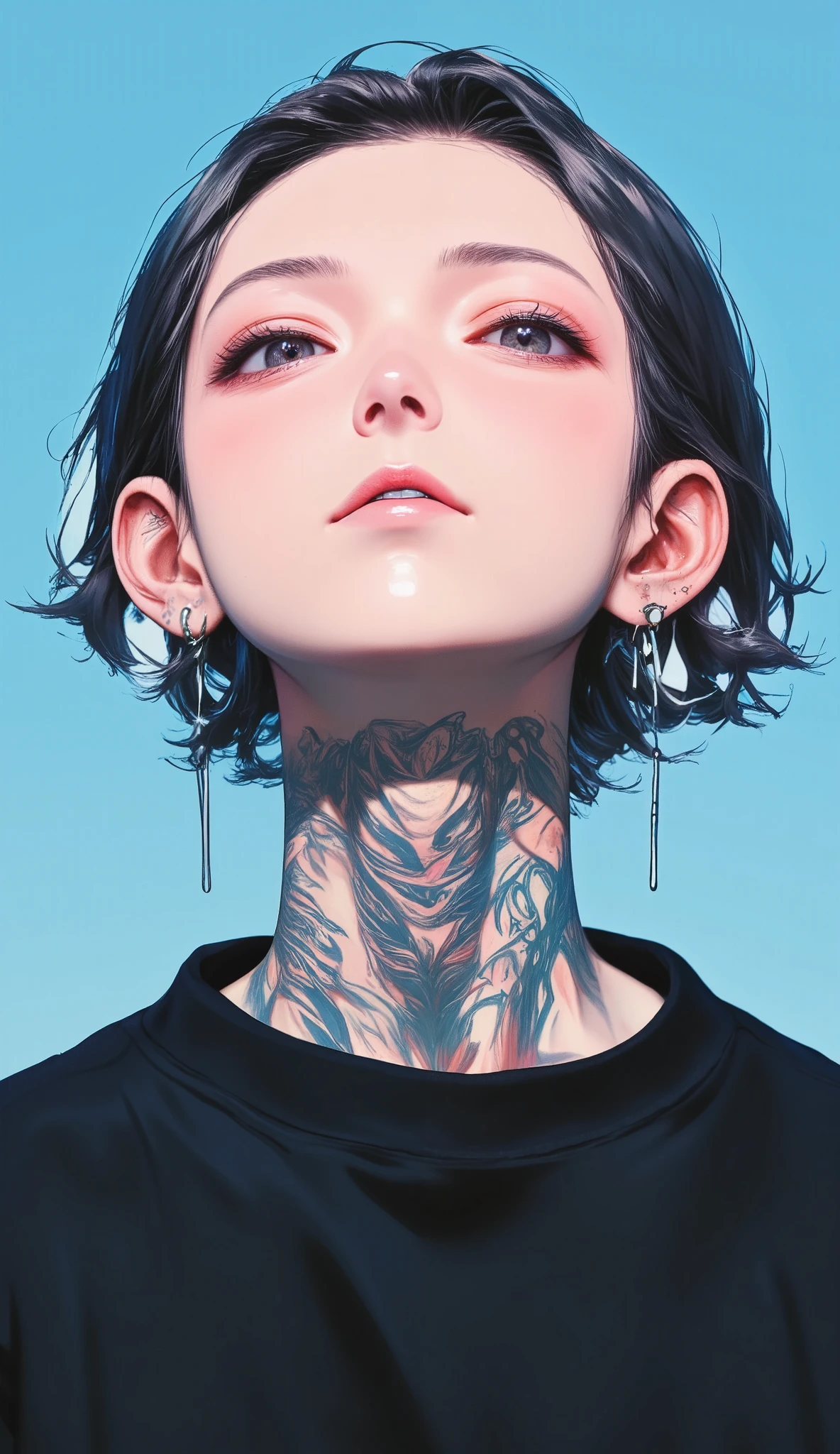  a close up of a young man with a tattoo on his neck, He looks up , piercings and eyebrow piercings  , nose and mouth,  image centered near the flat  , modern hair,  half-open lips , light cyan background  ,  black sweatshirt with white  , muchos  neck tattoos  y rostro,  cyberpunk art inspired by Yanjun Cheng  , tumblr, arte digital, of a Taiwanese girl with tattoos ,  work of art in the style of Guweiz ,  neck tattoos  , cyberpunk , Ilya Kuvshinov. 4k, guweiz, Japanese art style  , yakuza slim girl, tattoo style,  beautiful face of a cyberpunk girl 