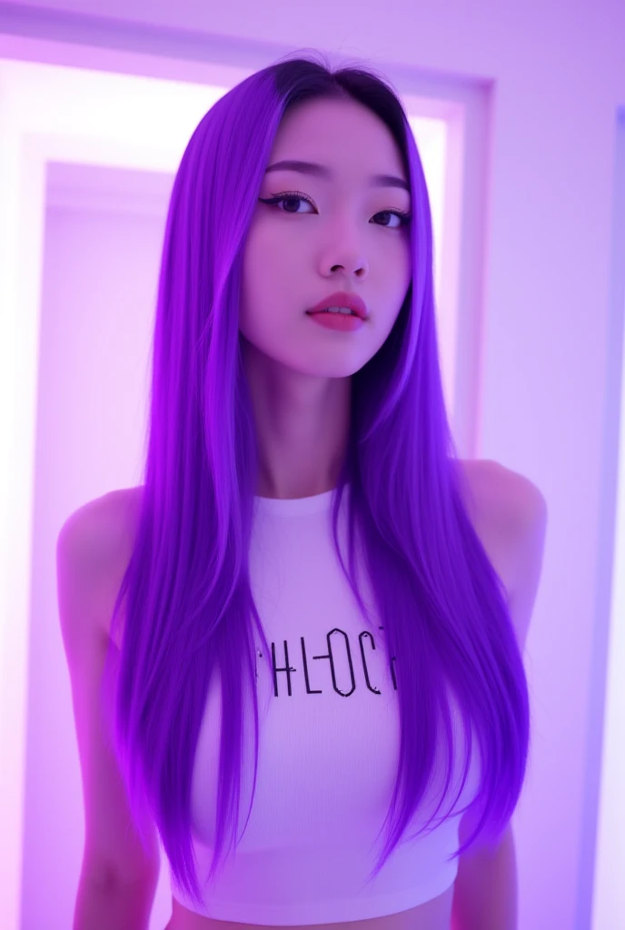 of course!  has a light sheen that enhances bright colors : Future-like atmosphere. like a Korean woman,  to the waist 、like々 Her long hair is straight, purple, and has soft characteristics that convey .  stylish letters ,  down to the front 、 beauty . she、 large , white, Phrases "DWGB"  has a futuristic vibe A young Korean woman ,  with a perfectly symmetrical face and . The background is a clean white,  may work well in a variety of situations ,  It's illuminated by a soft purple light that envelops the scene {x} gives the look a futuristic elegant touch. thicc goth gf, thick gothic girl, huge breasts, bbw

This description is 、 is wearing a sleeveless shirt printed on it .!

