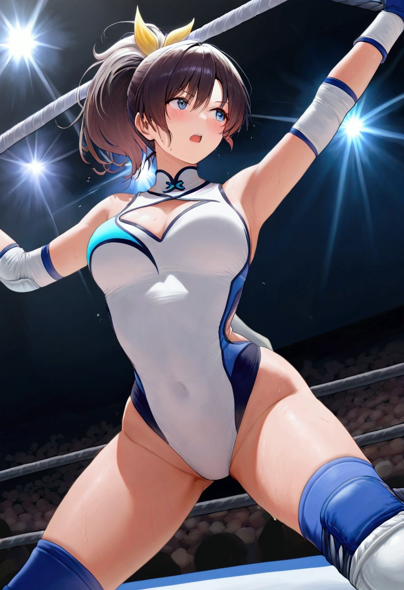 ((((masterpiece)))), (( unity 8k wallpaper, photorealistic , (( detailed face )), ((nsfw)), Female Pro Wrestler , one length,Pure white leotard,Elbow guard, leg protectors ,torture,She straddles , The top tier of a rope strung on a pro wrestling ring,Aerial Hanging Perfect Anatomy 