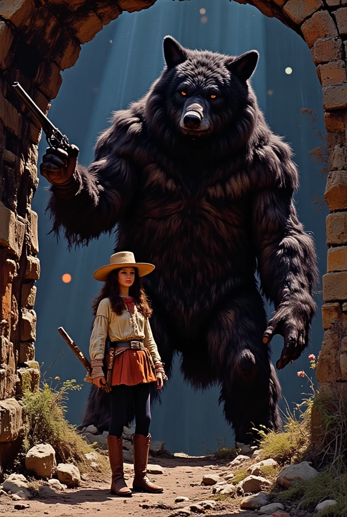 a cowboy girl with a long pistol towards attacking a gigantic lycanthrope, dark blue background, dominates lithographic cinematic painting, mixed media print showcasing advanced organic technology, clear engraved outlines on subtle bokeh background, warm morning rays with subtle shadows, subtle textured background . In the style of Frank Frazetta. 3D stone finishing, exquisite long strokes, volumetric, dramatic lighting intertwined with sandstone texture, print transfer technique, resin gloss texture, oil, resin, grainy textures enhancing tactile aesthetics, aerial perspective breaking through the darkness, mystical elements with spotlights on a rusty background. Textures highlighting details, bright colors enhance the mood of the work of art. In the style of Frank Frazetta.