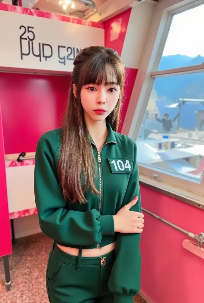 A 25-year-old Korean woman with long hair, a pretty face with clear details, wearing a green Squid Game outfit, green long-sleeved overalls with white stripes. The zipper unzipped, revealing her breasts. On her right chest is the number 104. She stands in a room with pink and white stripes and the text "Squid Game" written in black, contrasting with the pink on the wall.