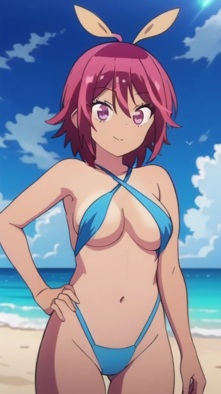 machi,1girl,
ponytail,
cleavage, purple_bikini, ocean, waves, sand, water, sun, lens_flare, hq, hd, high quality, masterpiece, 4K, 8K, hard nipples, wet top, small bikini, underboob, side boob, nipples, see through bikini, cameltoe, large breasts, huge breasts, big breasts, massive breasts, pussy lips, collarbone, neck showing, flirty, seductive, blushed smile, parted lips, head in frame, full frame, island background, ocean background, sunny, bright sky, outdoors, ocean waves, clear water,