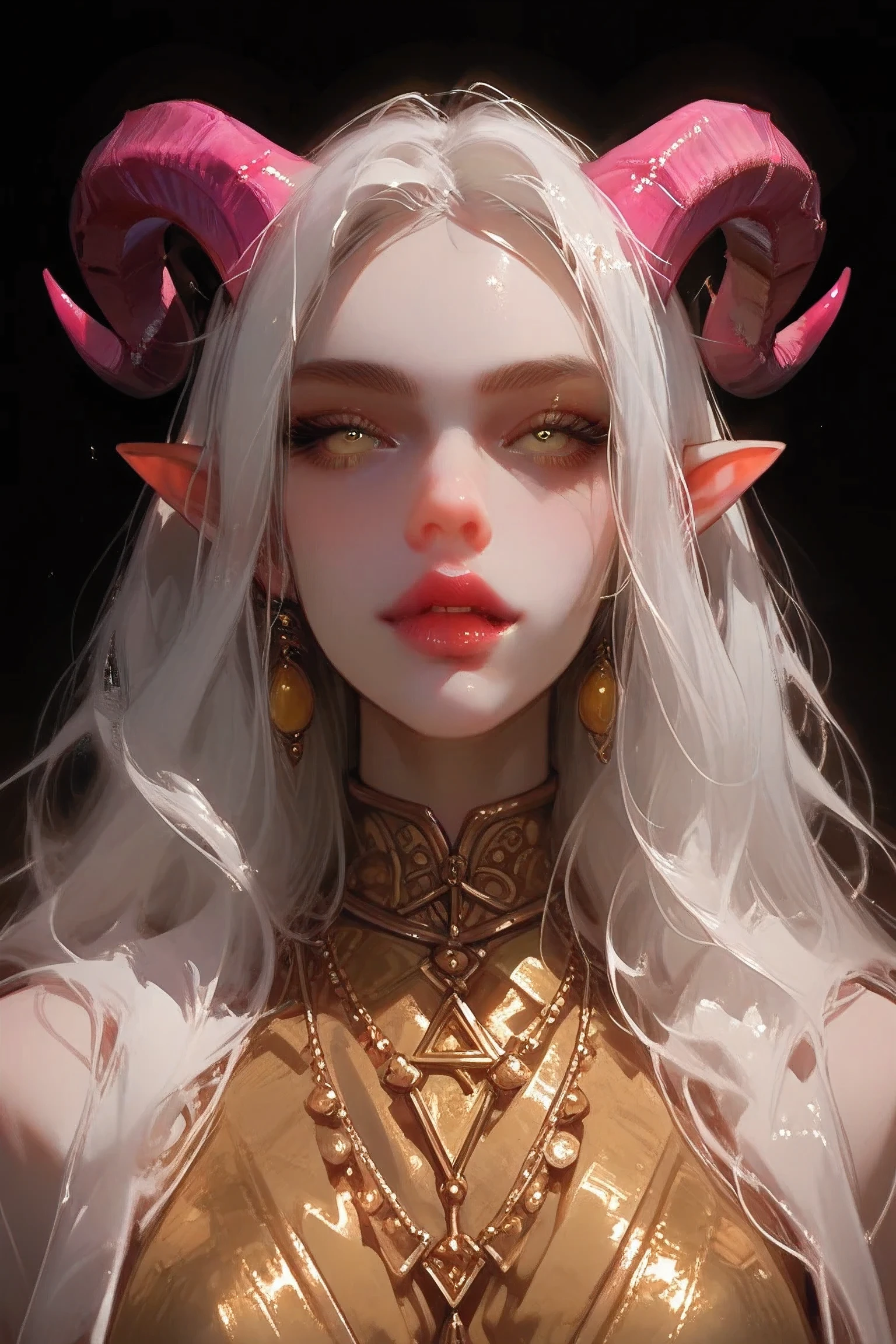 pink tiefling , 25 years old, yellow eyes, white hair, pink horns, wearing golden sorceress clothes , In a merchant's stall, with its potions of life and poisons set in DnD,
