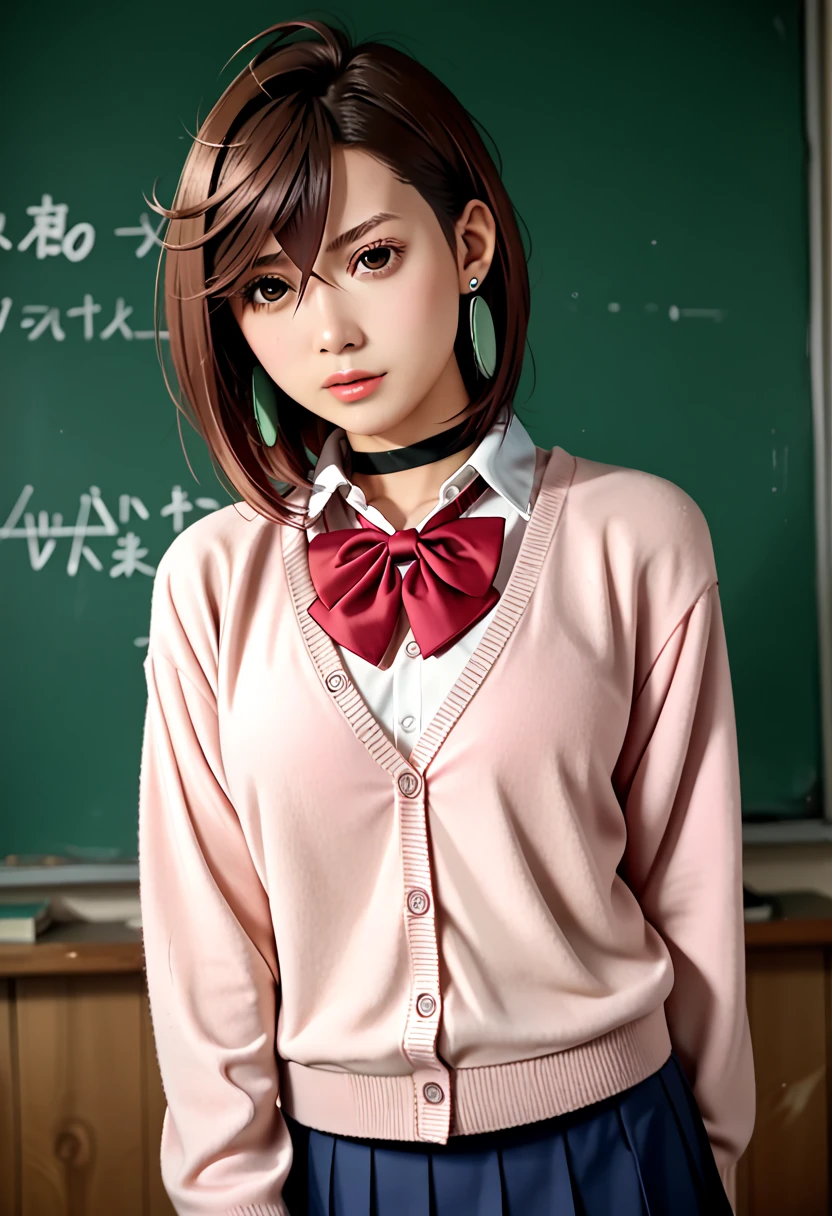 extremely high quality photo, Momo Ayase, sharp focus, realistic, source_photo, proper alignment, young Japanese model, glamorous, sexy, seductive, portrait, detailed face, medium hair, brown hair, brown eyes, large breasts, chocker, choker, red bowtie, (pink cardigan:1.2), long cardigan, long sleeves, blue skirt, pleated skirt, school uniform, short skirt, earrings, loose socks, white socks