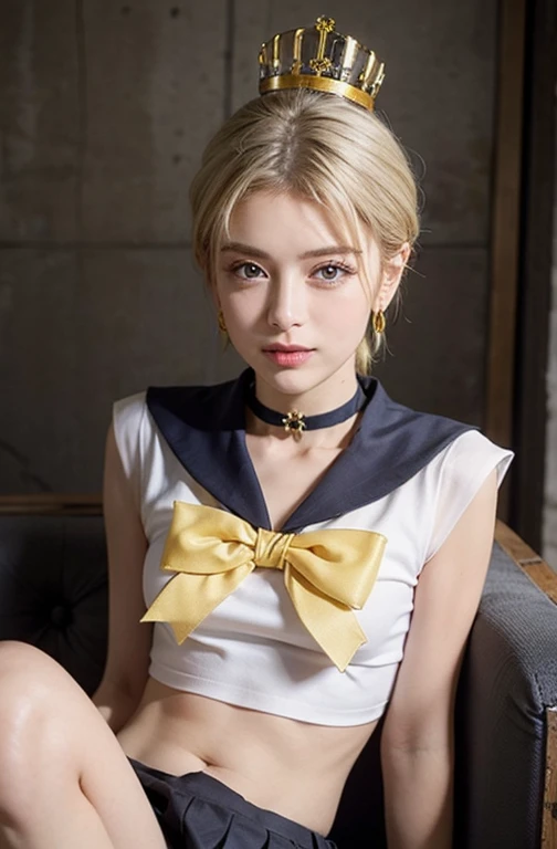 Sailor_Uranus,  blondes,  dark eyes,  jewelry,  choker , ,  miniskirt, crown,White elbow gloves, yellow seifuku、Sailorウラヌスが、 shows off her beautiful full nudity with an innocent face、Blonde、 smaller chest、 Brown Eyes 、Lovingly fellatio penis、Sellauranus costume