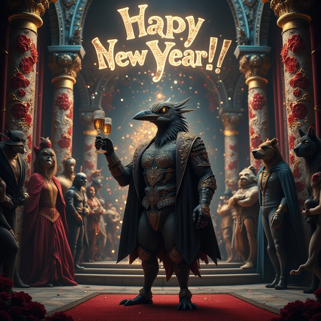 Dynamic pose, Muscular, handsome, anthropomorphic crow donned in black suit covered in diamonds. Wearing an intricate diamond masquerade mask. He dazzles the eye as he tips a glass in toast. Looking in to camera. The phrase "Happy New Year MAB!!!" In large bright diamond letters. Dynamic pose. Behind him a ninja turtle, a black humanoid wolf, a humanoid lion, a Great Dane, Neptune God of the sea, Batman, a Rhino, and other species of were-animals. All dressed in fancy masquerade suits and dresses. Well drawn animals. No duplicate animals. A glimmering diamond covered clam shaped water fountain centered in a massive courtyard. Dynamic posing. Fountain shaped like a huge clam. High Resolution, Masterpiece, Cinematic, Cinematography, Hyperdetailed, Hyperrealism,Depth Of Field, Image Fill, Foreshortening, 