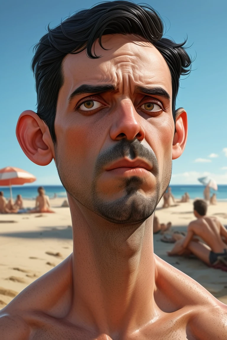  Full-body Caricature of a handsome strong guy on The Beach in a beautiful sunny day, black hair, exaggerated features with a large nose and big eyes, face will look right into the camera, W7ruff4 face, detailed face, intricate, realistic, realistic skin texture, 4K.