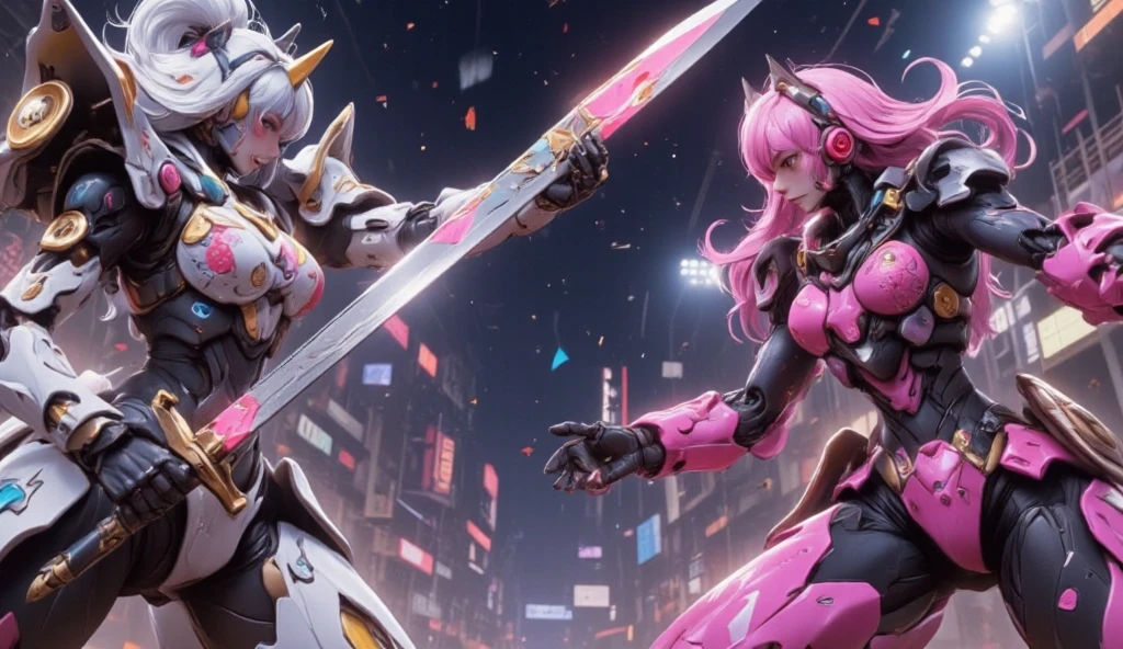 newest anime style. (dynamic action movie. dutch angle,very dynamic camerawork. (2cute girly robots\(each holding damaged sword,dynamic action, very different design, different color,gladiator\) fighting hard, colorful flower pattern on body,sparks are flying, many scar and damage on body, kawaii design, Joints and gaps glowing in pastel color.hardcore machine.at futuristic Coliseum.).high brightness.vivid color, pop.Arrange figures three-dimensionally.screen cap of the game,longshot, motion blur.To make it more dynamic show them from below.)