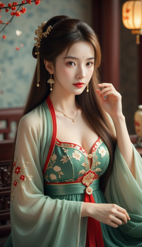 1qqq,realistic,best quality,masterpiece,highres,(exquisite body:1.5),gorgeous face,(milky skin:1.3),intricate details,high resolution,wallpaper,1girl,solo,dress,hair ornament,(((green and red dress))),flowers,long hair,brown hair,closed mouth,jewelry,long sleeves,wide sleeves,big eyes,floating hair,chinese clothes,hanfu,embroidery,long skirt,natural pose,falling petals,indoor,fanning,lantern,16K,HDR,highres,depth field,(film grain:1.1),boken,golden hour,(lens flare),vignette,rainbowing,(color grading:1.5),(large breasts:1.2),upper body,