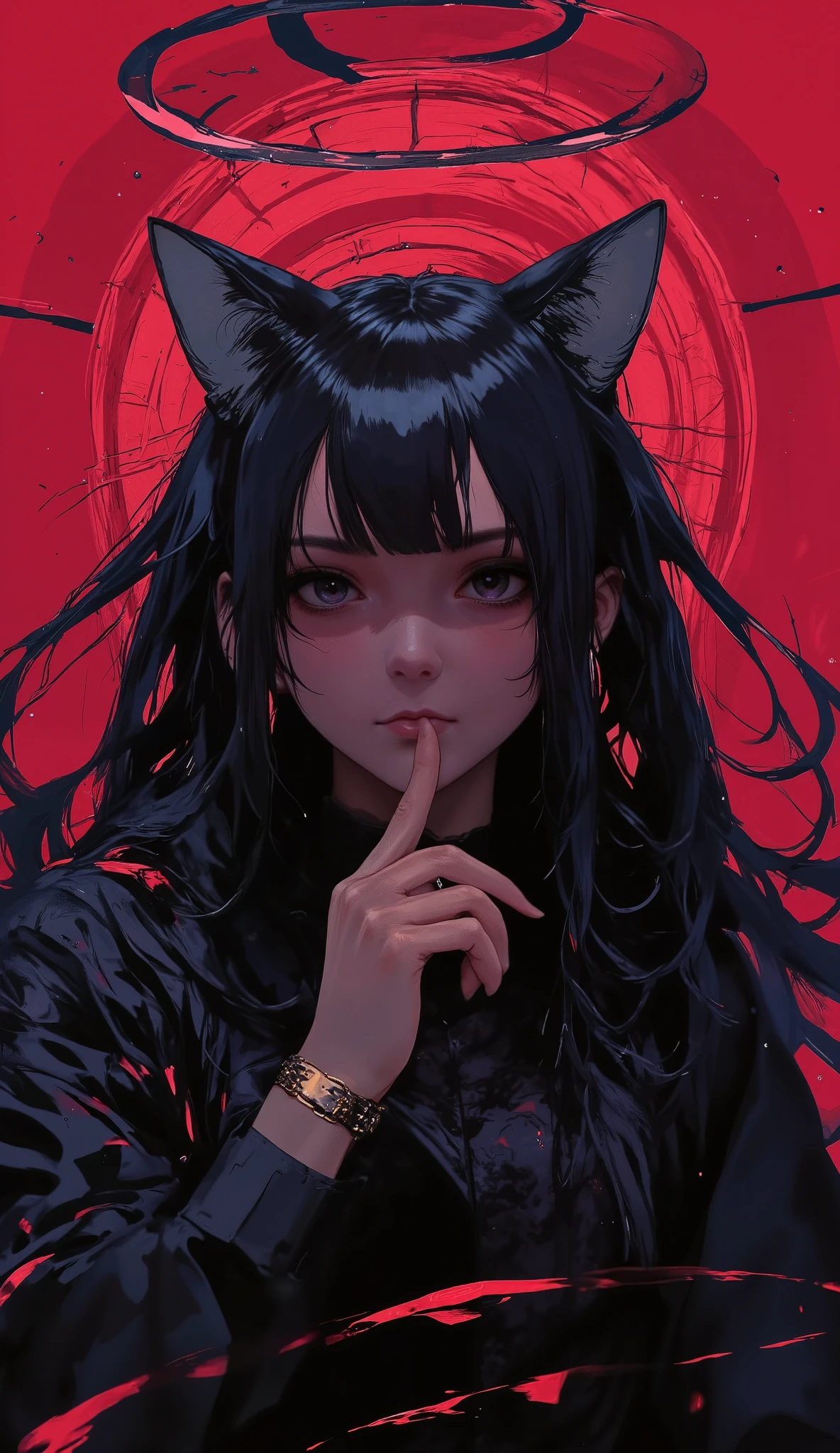  The camera is focusing from the image centered from above  , Wine red background   ,  cabello negro, EMMO with 2 cat ears  :1.5, Dark, Gothic,   A painting of a woman with long twin braids and perforations,   a portrait of a character made by Loish   ,   Winner of the pixiv contest  , Gothic art, Artgerm and Ilya Kuvshinov,  a goth anime girl   ,   Detailed portrait of an anime girl  , neoartcore y charlie bowater,   extremely detailed art artgerm  