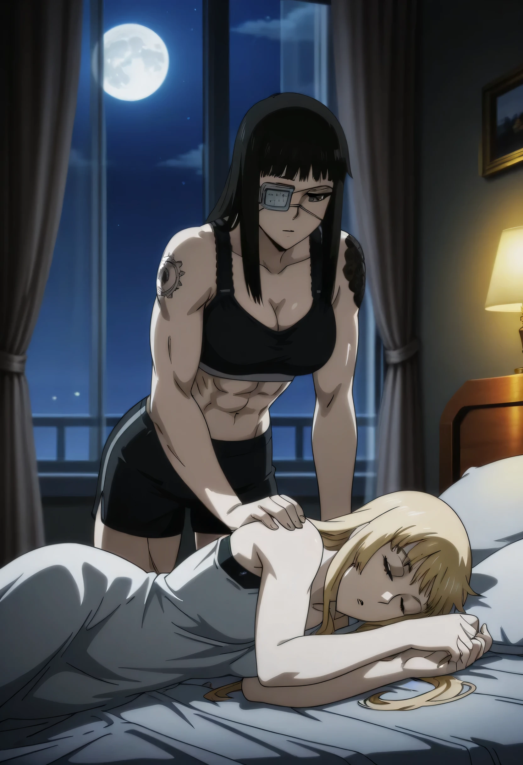 2girl,solo,mm,mature female,black hair,eyepatch,brown eyes,medium breasts,anime coloring,long hair, muscular,black sport bra and black sport shorts,cowboy shot, tattoos ,masterpiece,best quality,amazing quality,with short girl,girl eyes closed,girl long blonde hair,girl wearing only white long dress sleeveless,girl skinny and soft body,girl cute face,yuri,lesbians,Valmet hugs girl from beautiful,in night,in bedroom,moon, both sleeping in bed,both laying on bed,Valmet eyes closed, girl sleeping in Valmet arms,Valmet side sleeping