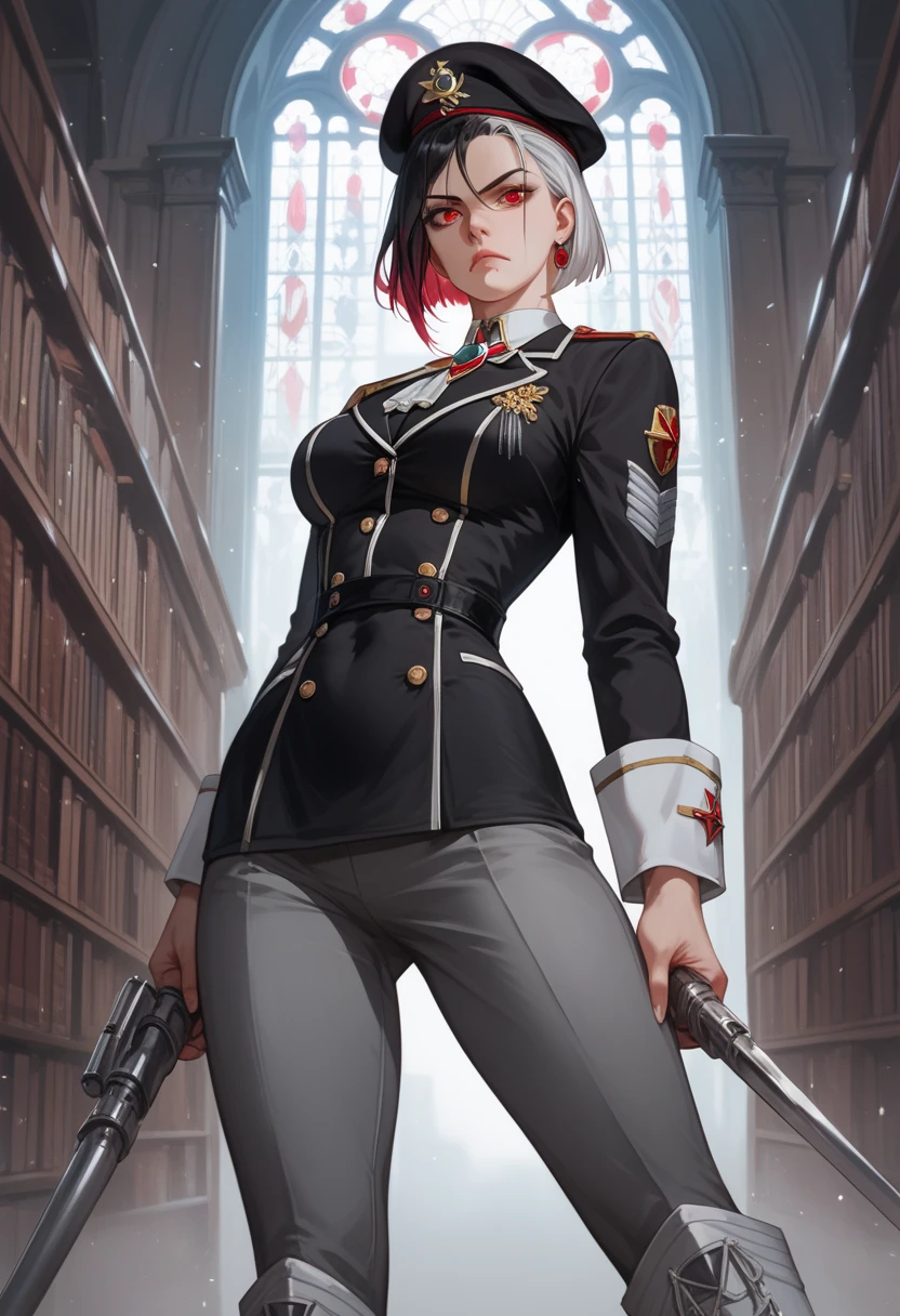 1girl, pale skin, black hair, white bangs, multicolored hair, very short hair, medium breasts, red eyes, black uniform, militar uniform, black beret, grey pants, white boots, serious expression, library background, alchemist, spider brooch, silver brooch, ruby on brooch, fullbody