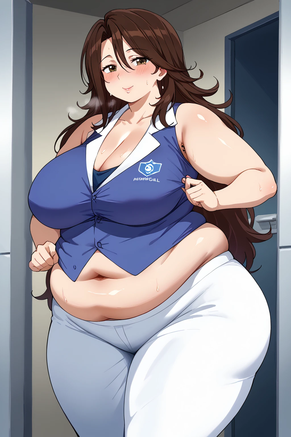  Sumeragi Lee Noriega ,  Sumeragi Lee Noriega ,blue shirt, sleeveless ,A shirt with a wide open neckline,White trousers,Exposed navel,Obese middle-aged woman, troubled expression, embarrassing expression ,milf, chubby, king bang , I'm sweating a lot,A woman with stinky body odor,A woman with smelly armpits ,Body odor, score_9,  score_8_ up、 score_7_ up、 score_6_ up、 score_5_ up、 score_4_ up、 masterpieces at the front door of the house、 top quality , very aesthetic,  absurd、 Source_ anime anime screencap,  one woman、Alone、 personal  、 brown eyes、 brown hair 、 long hair、Super huge breasts,  super huge clevis、Super huge, Super huge boob,Curvy、 wide hips、