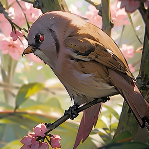 Japanese Warbler ,  pink gem, warbler, green-brown bird ,  pink eyes, Cherry blossom branch ,  mascot,  fantasy,  cute, anime, デフォルメ,  fiction, fake