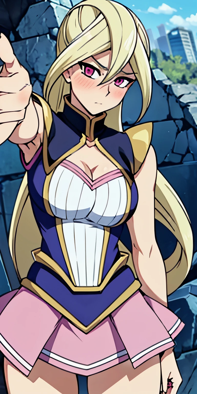 1 Female,High definition,high resolution,Ultra-realistic,8K, Gloria Tyler, blonde hair, pink eyes,serious, long hair, large breasts,sleeveless,pink skirt, (ruins),blush,tight skirt, miniskirt, large breasts,European,sexy,Upper body close-up,Photographed from the front,Dynamic Angles,(blush), (medium tits) ,(pointing at viewer)