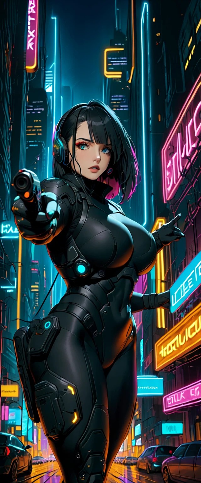 ((An aerial view of a futuristic megalopolis at dark night)), with skyscrapers reaching the clouds and flying cars driving through aerial highways. (1girl, solo, alone, photorealistic), medium-breast:1.1 slim body, cleavage, sexy clothes, (headphone, black sunglasses, medium black hair), (hip-up standing and holding pistol pose), (((half-body thigh level medium shot))), cinematic lighting, lens flare, ray tracing.