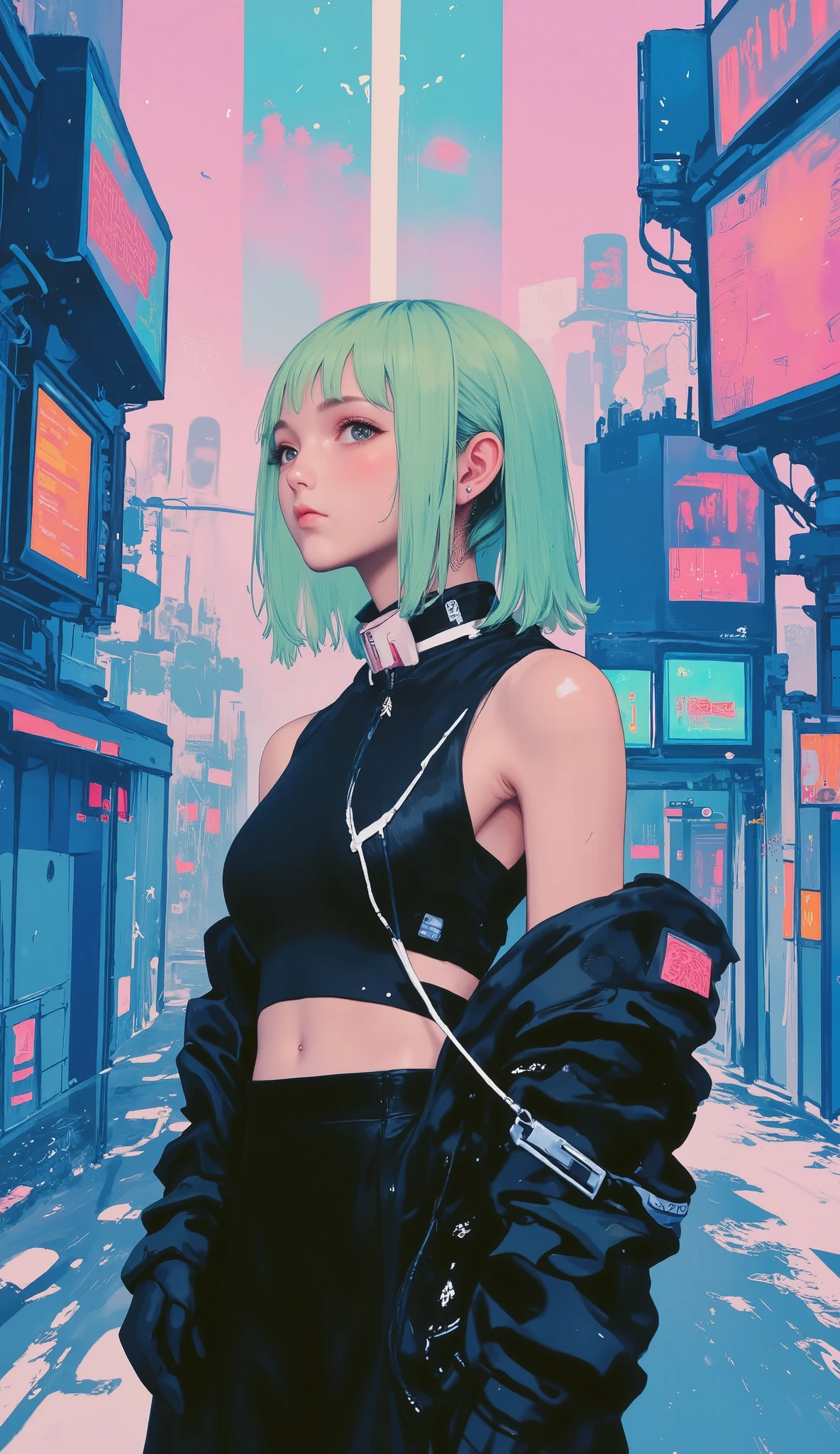   general shot of a person with green hair and headphones,   advanced digital cyberpunk art  , Glitchpunk girl, Estilo cyberpunk hiperrealista, In Cyberpunk 2077,  cyberpunk ,  Cyberpunk Digital Art - Anime  ,    work of art in the style of Guweiz , cyberpunk art style, estilo cyberpunk silenciado,  An adolescent biopunk cyborg  , cyberpunk using  