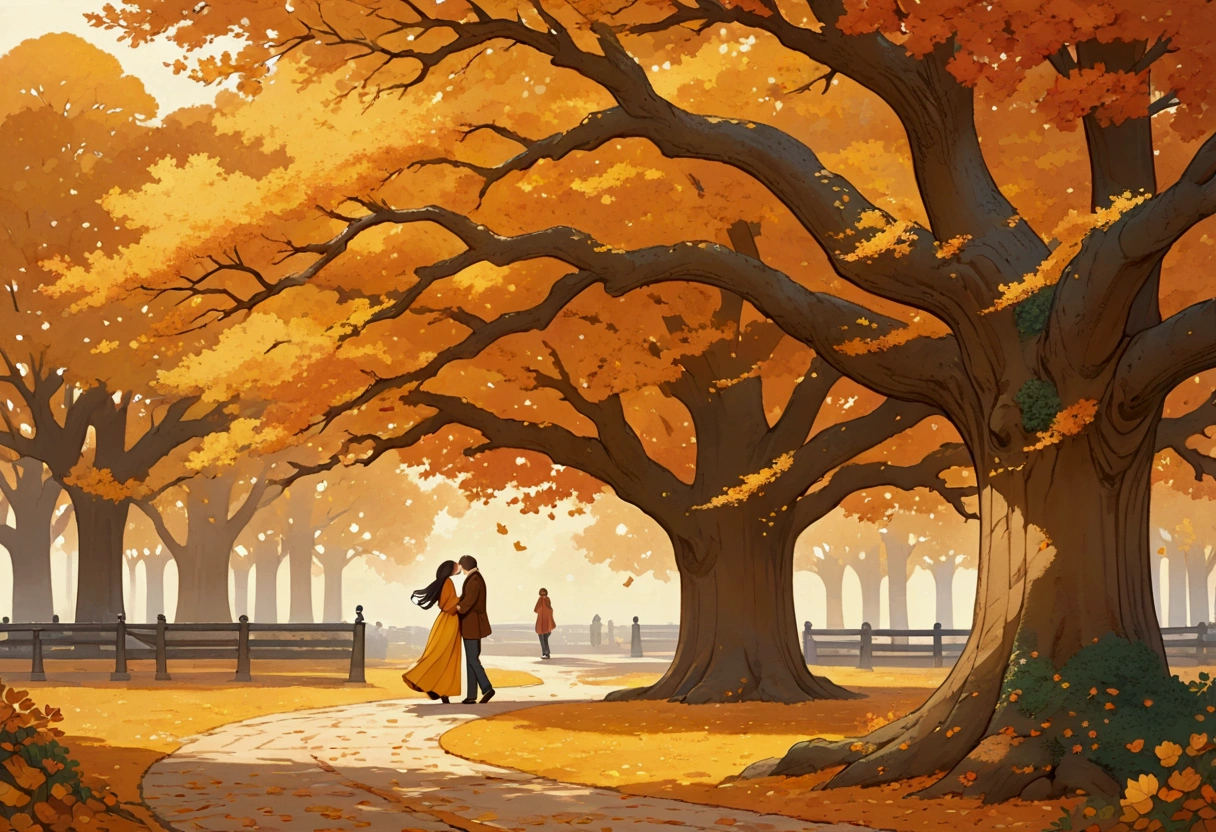 A couple strolling through a park covered in golden leaves, their scarves gently fluttering in the breeze as they pause beneath an ancient oak tree, sharing a kiss surrounded by the warm colors of fall.