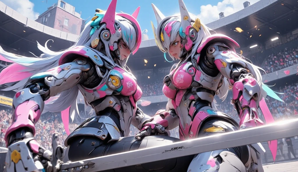 newest anime style. (dynamic action movie. dutch angle,very dynamic camerawork. (2cute girly robots\(each holding damaged sword,dynamic action, very different design, different color,gladiator\) fighting hard, colorful flower pattern on body,sparks are flying, many scar and damage on body, kawaii design, Joints and gaps glowing in pastel color.hardcore machine.at futuristic Coliseum.).high brightness.vivid color, pop.Arrange figures three-dimensionally.screen cap of the game,longshot, motion blur. tilt view, tilt camera.)