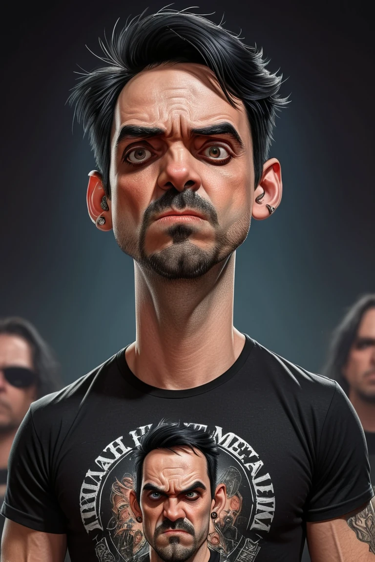  Full-body Caricature of a handsome strong man, ina heavy metal concert, wearing a Black t-shirt, black hair, exaggerated features with a large nose and big eyes, face will look right into the camera, W7ruff4 face, detailed face, intricate, realistic, realistic skin texture, 4K.