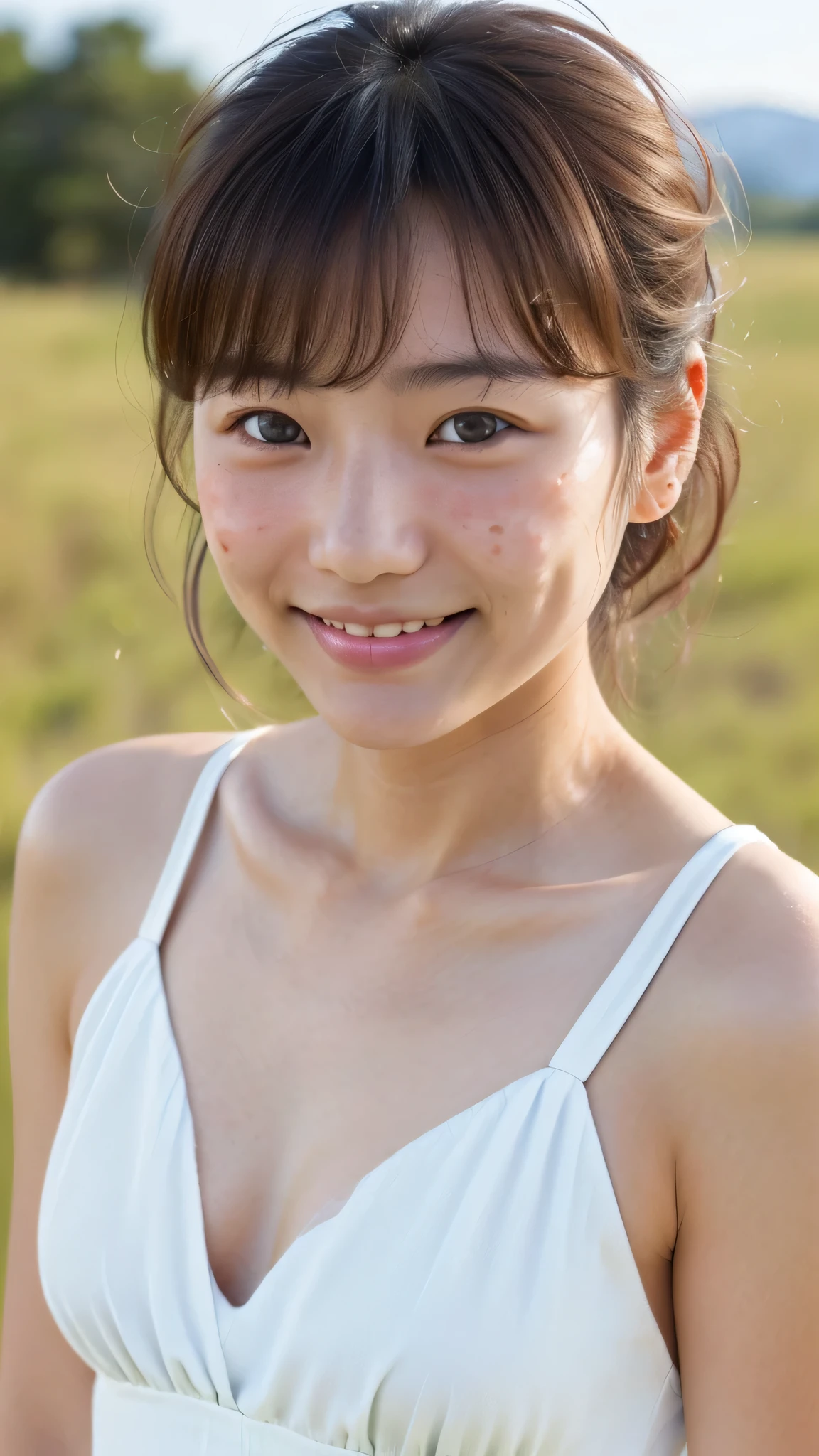 ((Photorealistic)), 16mm, excellent colors, ultra-realistic, taken with a movie camera, detailed skin texture, ((Japanese girl)), highest quality, blue sky and grassland, (high resolution), ( Messy hair) ), (cute), ((no makeup)), (real face) ((no makeup)) ((((smile)))), (((small breasts))), (((white dress) )) , ((looks fun))) Even skin color (((medium length)))(((happy))) ((face close-up)) (slightly moles and acne) ((rough skin))() ), downy hair