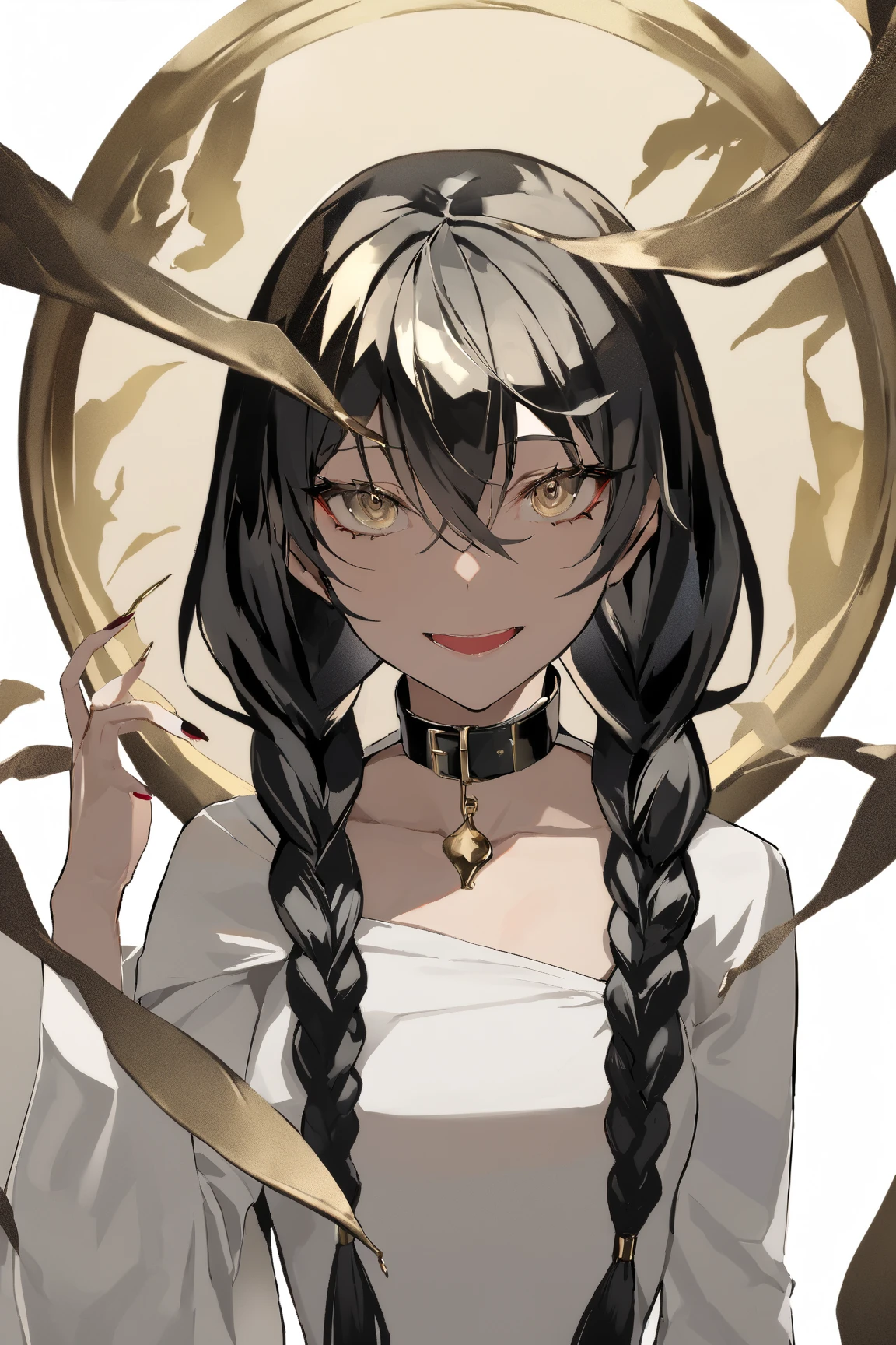 masterpiece, best quality, 1girl, solo,  black hair, twin braids, dress, braid,  white dress, simple background,  looking at viewer, nail polish, collar, long hair, open mouth,  hair between eyes, bangs, white background,  low twin braids, smile, gold eyes,  collarbone, long sleeves, dark, abyss, 