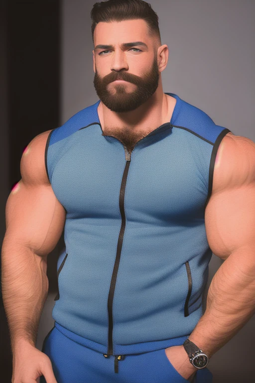 photo of muscular bearded (man) in a worn ((skin-revealing skimpy erotic blue tracksuit, massive hairy pecs)), big pecs, big arms, large bulge, ((light bokeh)), intricate, (steel metal [rust]), elegant, erotic, exuding sexual energy, homoerotic, sharp focus, photo by greg rutkowski, soft lighting, vibrant colors, (masterpiece), ((streets)), (detailed face)