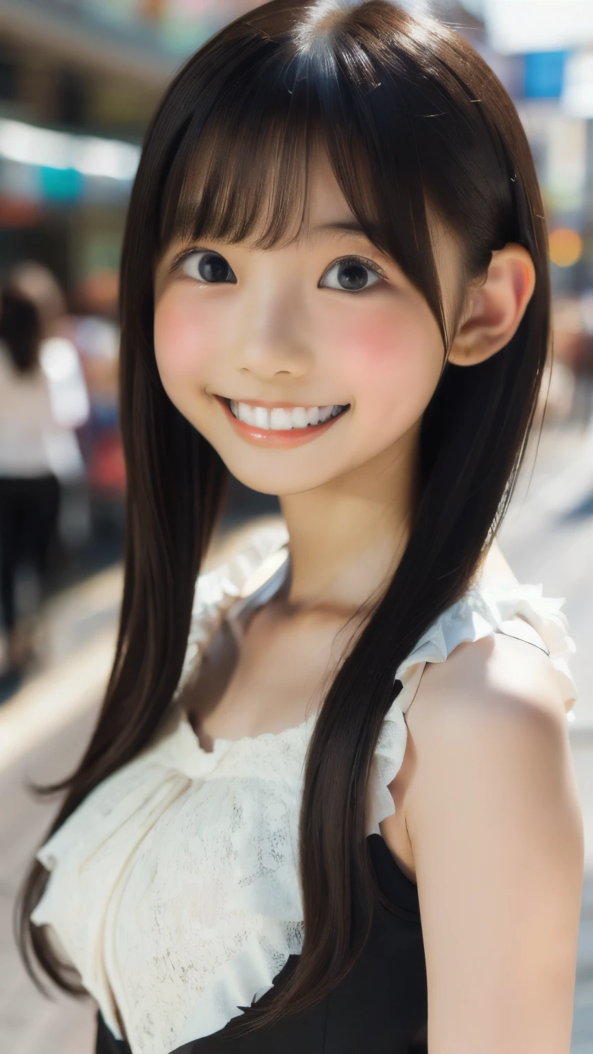 (((sfw, 16k, 8K, best quality, ultra realistic, ultra-high resolution, raw photo, professional photography, depth of fields, portrait, masterpiece, award-winning works))), (((perfect anatomy, perfect face, perfect hands, perfect fingers, perfect body))), BREAK,
one Japanese girl, -yeld, (te)), black hair, bangs, straight long hair, silky hair, (baby faceroomed face, happy smile, ((open-mouth, white teeth)), (large pretty eyes), detailed eyes, (looking at viewer), natural makeup, blush, highly detailed face, BREAK,
(white lace ruffled camisole:1.4), (fair-skinned:1.3), ((glowing skin:1.3)), (huge breasts:1.4), huge ass (chubby), BREAK,
(dynamic pose:1.3), random gravure pose, (dynamic angle:1.3), (((crowd of people))), Shibuya scramble crossing, downtown, ((a lot of people)), from front, natural lighting,