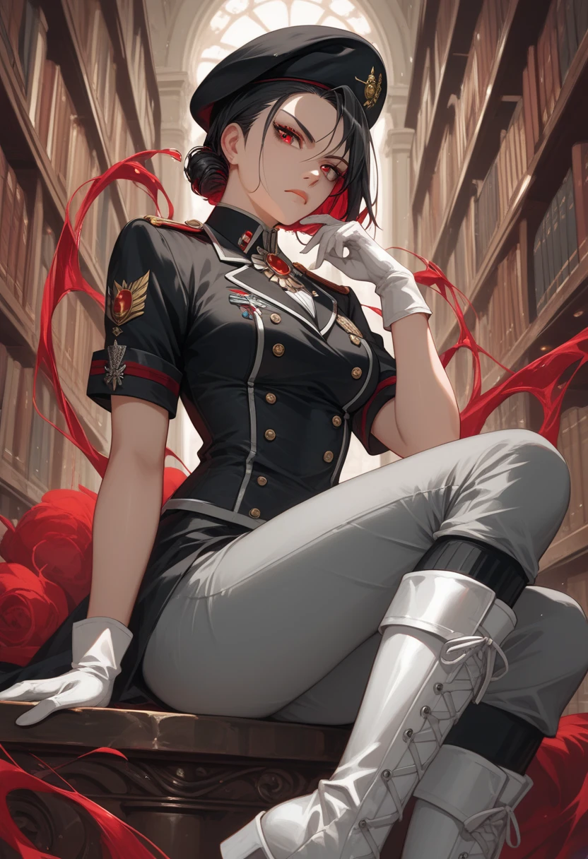 1girl, pale skin, black hair, white bangs, multicolored hair, very short hair, medium breasts, red eyes, black uniform, militar uniform, short sleeves, black beret, grey pants, white boots, white gloves, serious expression, library background, alchemist, spider brooch, silver brooch, ruby on brooch, fullbody, anime style