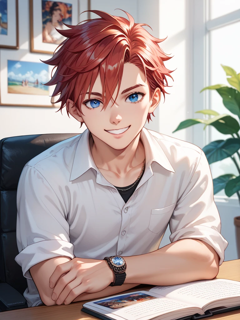 One man, with red hair, blue eyes, in a casual outfit, wearing a gaming handset on his head, little smile on his face, sitting on his desk playing, anime, charismatic, alone with a atmosphere gaming